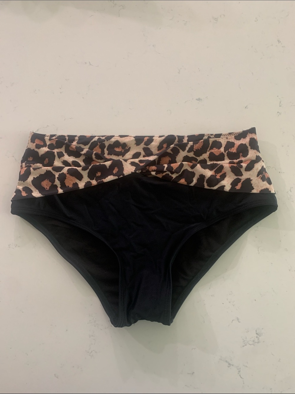 High-Waist Leopard Fold-Over Black Bikini Bottoms